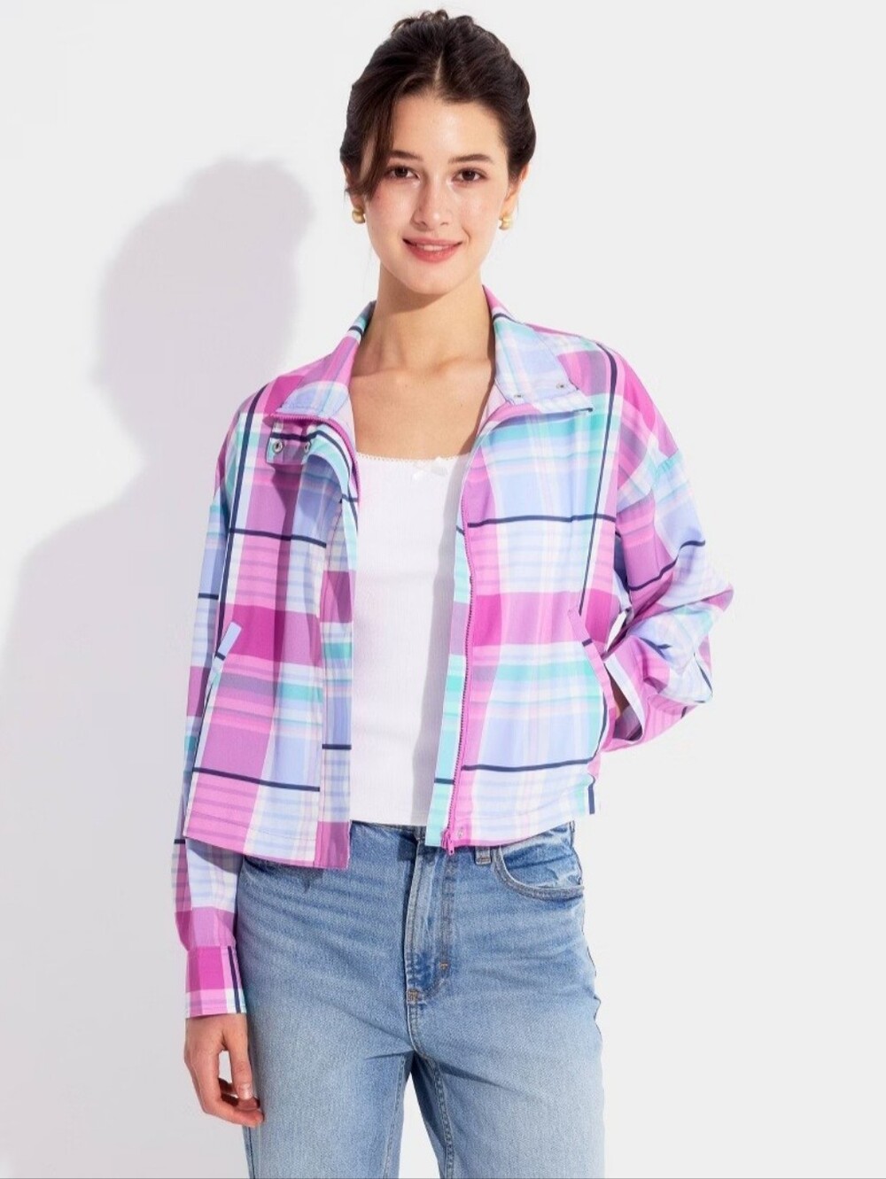Women's Mock Neck Zip Jacket Wild - Fable Pink/Blue Plaid L